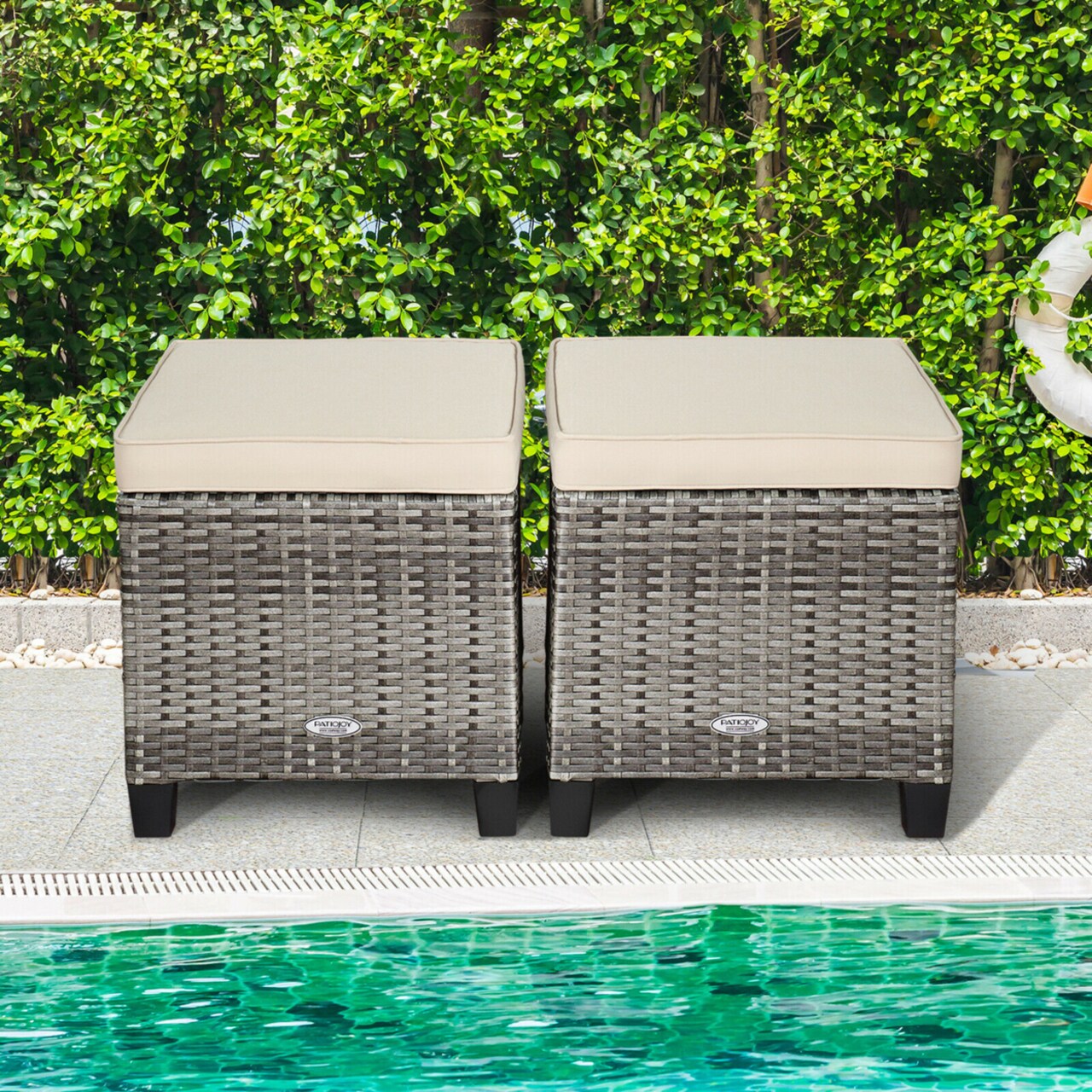 Set Of 2 Rattan Patio Ottoman Footrest Wicker Footstool W/ Beige Cushions